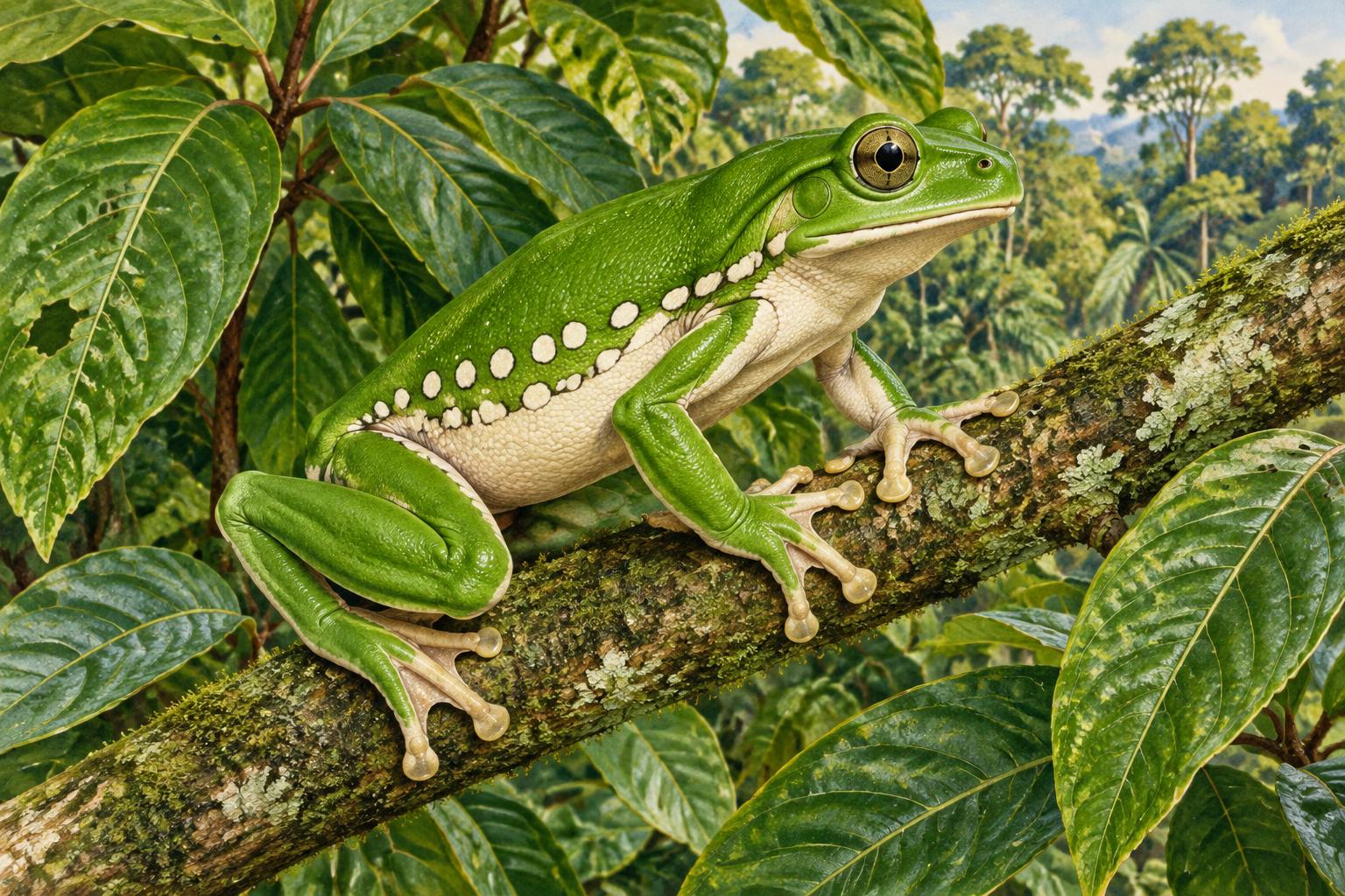 Illustration of a green giant monkey frog perched on a leafy Amazonian branch